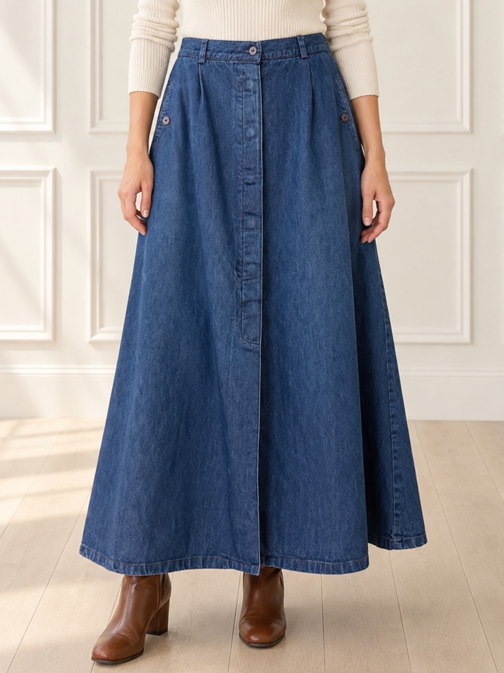 Vintage Pendleton Denim Maxi Skirt 16W Blue Cotton Button Front USA A-Line